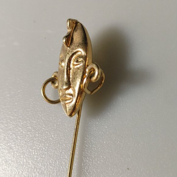 Art Deco Tribal Face Mask Label Stick Pin Gold Tone Unique Dangle Design 2 Inch - Picture 10 of 10